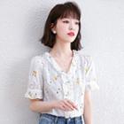 Short-sleeve Ruffle Trim Embroidered Blouse