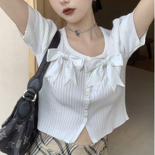 Puff-sleeve Ribbon Knit Top