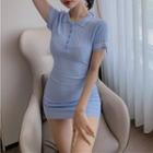 Short-sleeve Knit Slim-fit Dress Blue - One Size