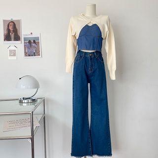 High Waist Wide Leg Jeans / Camisole Top / Jacket / Set
