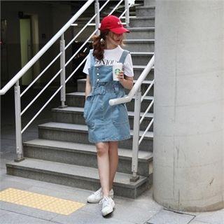 Denim Jumper Dress With Belt Light Blue - One Size