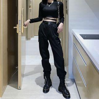 Long-sleeve Crop Top / Cargo Harem Pants / Set