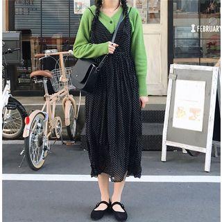 V-neck Cardigan / Dotted Midi Spaghetti Strap Dress