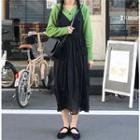 V-neck Cardigan / Dotted Midi Spaghetti Strap Dress