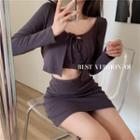 Set: Knit Tube Top + Tie-accent Knit Cardigan + High-waist Mini Skirt