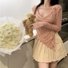 V-neck Strappy Loose-fit Asymmetrical Top / High Waist Pleated Mini Skirt