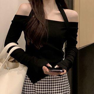 Long-sleeve Off-shoulder Halter Asymmetric T-shirt