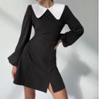 Puff Sleeve Doll-collar Slit Mini Dress