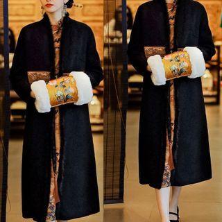 Embroidered Fluffy Trim Long Coat