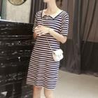 Short-sleeve Striped Knitted Polo Dress