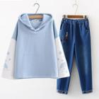 Color Block Hoodie / Embroidered Cat Straight Fit Jeans / Set