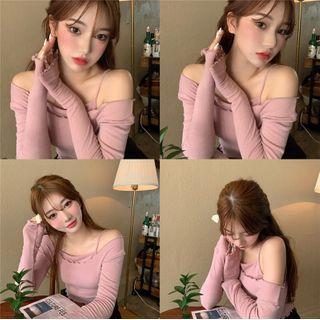 Set: Long-sleeve Off-shoulder Cropped T-shirt + Spaghetti Strap Top