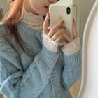 Knit Cropped Cardigan + Semi High-neck Lace Top