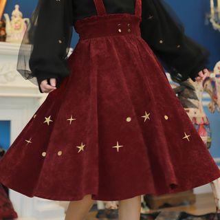 Corduroy Embroidered A-line Midi Jumper Skirt