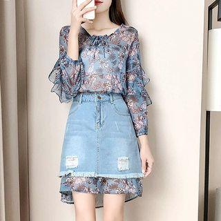 Set: Floral Print Chiffon Dress + Ripped Denim Skirt