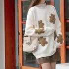 Round-neck Bear Embroidered Knitted Sweater Almond - One Size