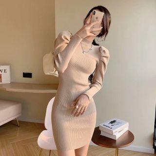 Puff-sleeve Knit Bodycon Dress