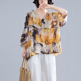 Print V-neck 3/4-sleeve T Shirt As Shown In Figure - L