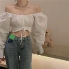 Off-shoulder Lantern-sleeve Drawstring Cropped Blouse / High-waist Color Block Jeans