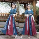 Set: Long-sleeve Top + Short-sleeve Flower Embroidered Top + Patterned Maxi Skirt
