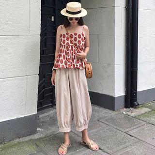 Set: Dot Print High Waist Sleeveless Top + Cropped Harem Pants
