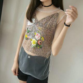 Set: Floral Print Short Sleeve Mesh T-shirt + Floral Print Camisole Top