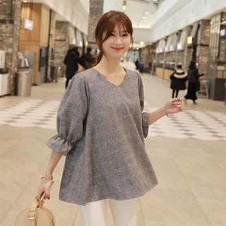 V-neck Puff-sleeve Checked Blouse