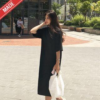 Elbow-sleeve Long Dress