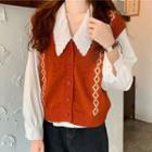 Pattered Single-breasted Knit Vest / Collared Blouse