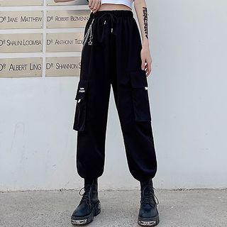 Set: Short-sleeve Lettering Cropped T-shirt + Crop Tank Top + Pocket Detail Harem Pants