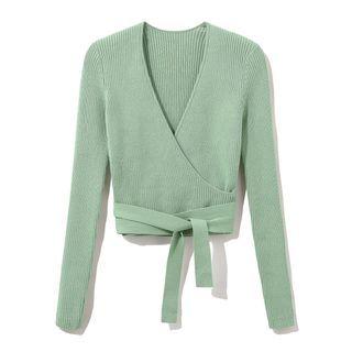 Long Sleeve V-neck Tie-waist Ribbed-knit Top