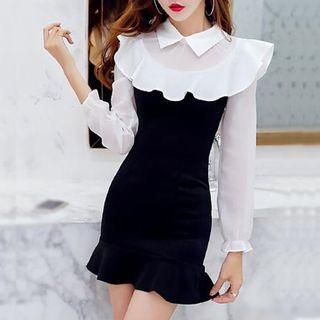 Collared Ruffled Long-sleeve Dress