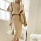 Turtleneck Cape & Skirt Rib-knit Set