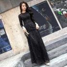 Long-sleeve Fringed Sequined A-line Lace Evening Gown