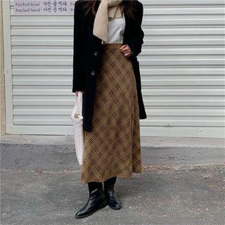 Plaid Midi Skirt Coffee - One Size