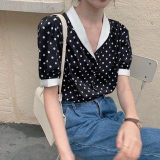 Contrast Trim Dotted Short-sleeve Blouse As Shown In Figure - One Size