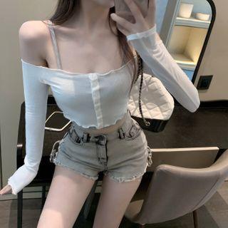 Set: Cropped Camisole Top + Lettuce Edge Long-sleeve Cropped T-shirt White - One Size