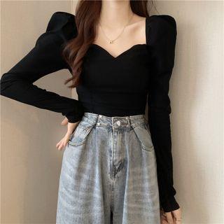 Puff-sleeve Sweetheart Neckline T-shirt