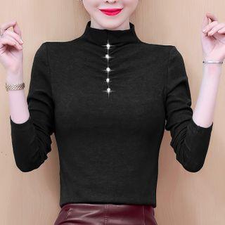 Long-sleeve Beaded Mock-neck Top
