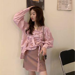 Drawstring Blouse / Faux Leather Mini A-line Skirt