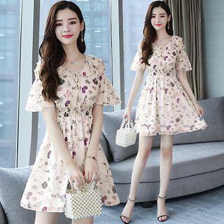 Short-sleeve Leaf Print Cold Shoulder A-line Mini Dress