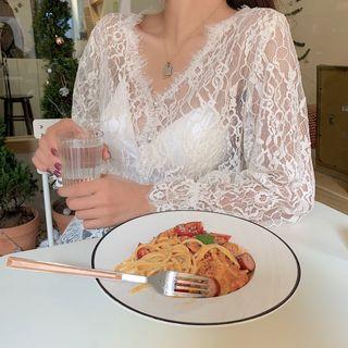 Lace V-neck Long-sleeve See-through Top As Figure - One Size