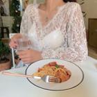 Lace V-neck Long-sleeve See-through Top As Figure - One Size