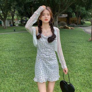 Spaghetti-strap Floral Print Mini Sheath Dress / Lace Jacket