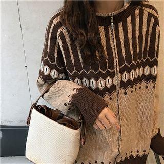 Color-block Zip Long-sleeve Knit Cardigan As Shown In Figure - One Size