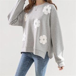 Zip-hem Flower Appliqu  Sweatshirt