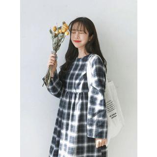 Shirred Check Long Empire Dress