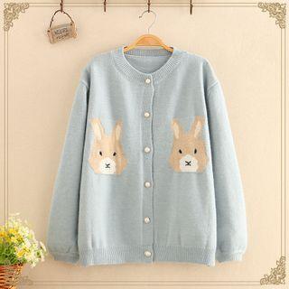 Rabbit Jacquard Faux-pearl Button Knit Cardigan