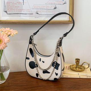 Chain-detail Cow-pattern Shoulder Bag Ivory - One Size
