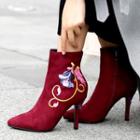 Genuine Suede Pointed Embroidered High Heel Ankle Boots